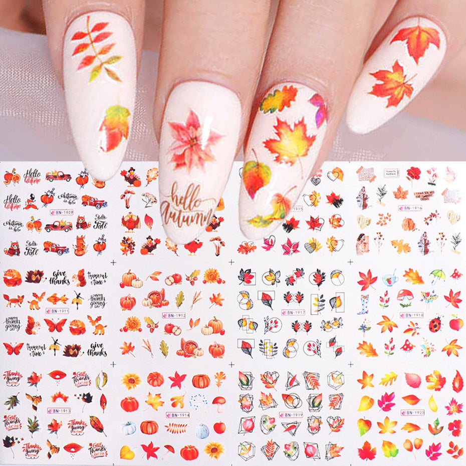 Nail Beauty Water Printing Stickers Large Autumn Gold Fallen Leaves Maple Series