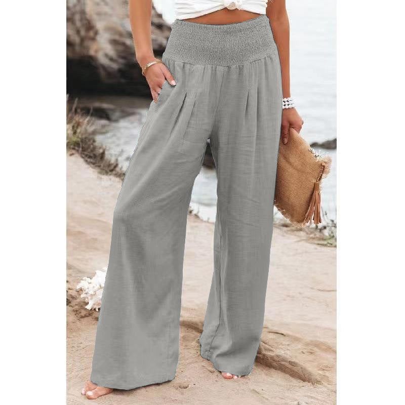 Spring And Summer Women's Clothing Cotton Linen Pure Color Elastic Waist Wide Leg Pants Casual Pants Trousers For Women