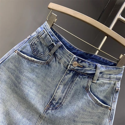 Jupe en jean délavée à la mode pour femme Jupe simple, gracieuse et polyvalente pour les hanches Jupe trapèze de niche