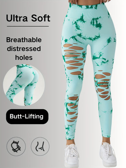 New Style Women's High-Waisted Yoga Leggings With Hollow-Out & Tie-Dye Design