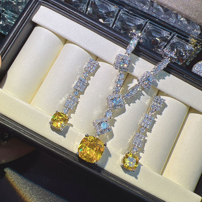 European And American Light Luxury Yellow Zircon Earrings Necklace