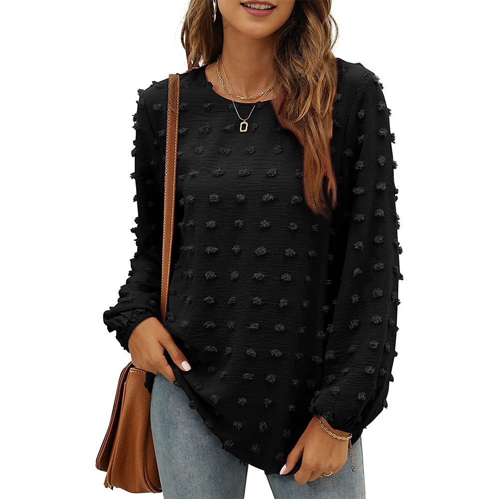 Fashion Jacquard Long-sleeved Round Neck T-shirt Casual Loose Pullover Top Womens Clothing