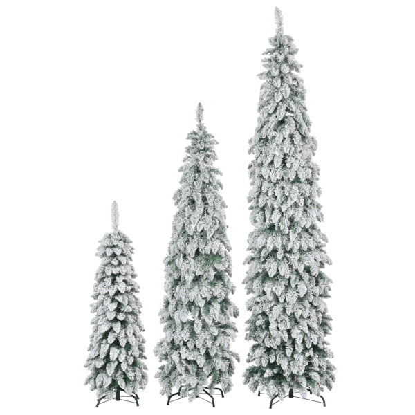 8FT, 6FT, 4FT Pre-Lit Pencil Christmas Trees, 3-set Slim Artificial Christmas Tree With Snow Flocking, Xmas Holiday Decoration Tree, 520 LED Lights
