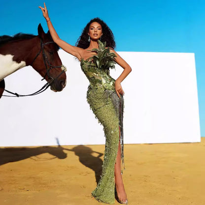 Green Sequins Luxury Feather Sexy High Split Tube Top Dress