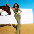 Green Sequins Luxury Feather Sexy High Split Tube Top Dress