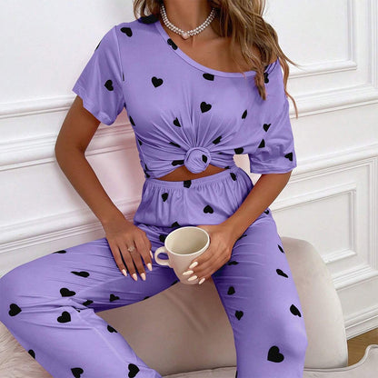 Printed Round Neck Short-sleeved Trousers Two-piece Suit Comfortable Home