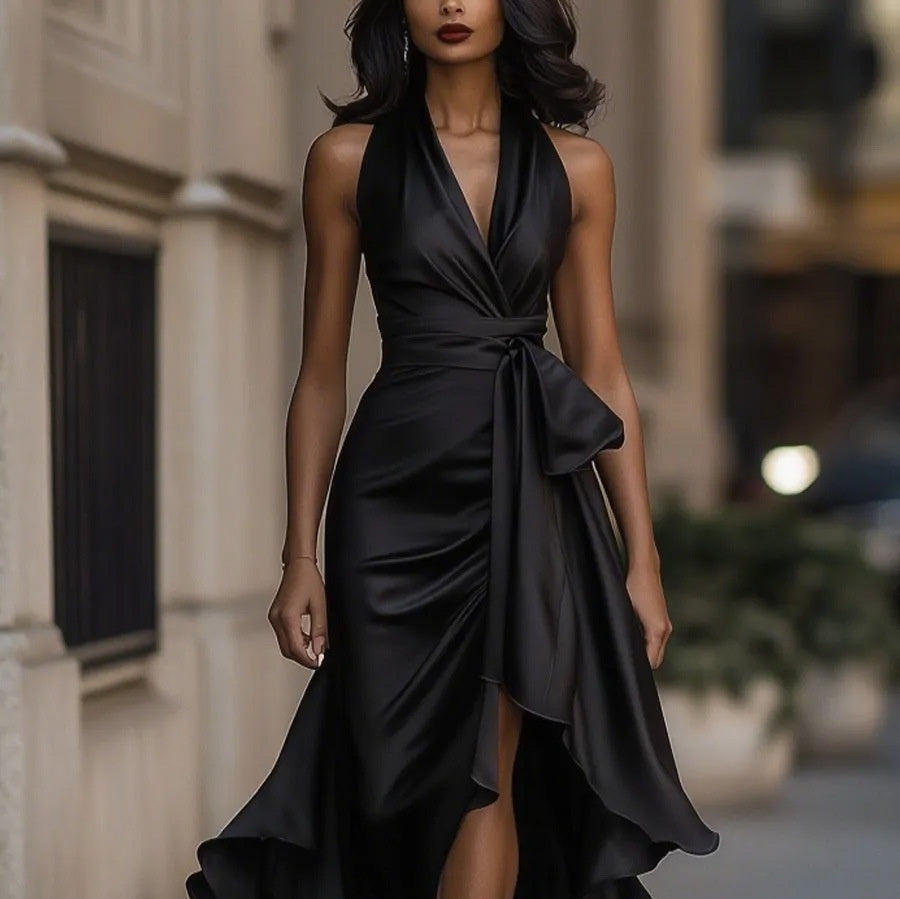 Elegant V-neck Irregular Women's Ruffled Dress
