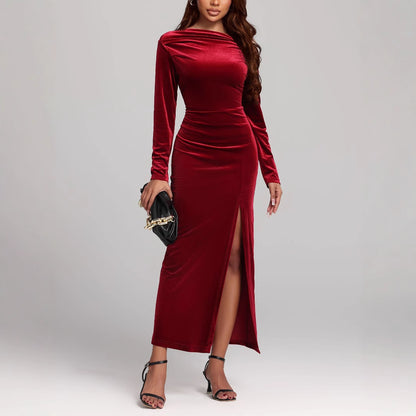 Women's Clothing Slit Formal Dress Pleuche Dress
