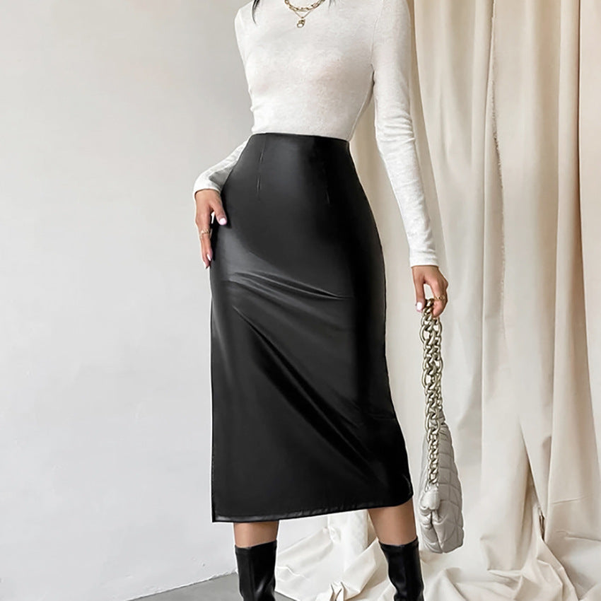 Commuter French Sheath PU Leather Skirt Autumn And Winter Black Slit Straight Skirt