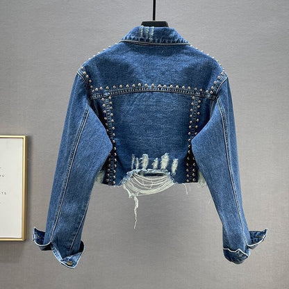 Denim Coat Women's Worn Beaded Jacket Top