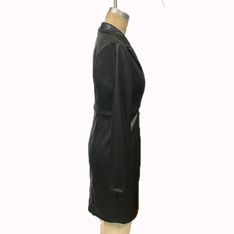 Women's Faux Leather Blazer Dress, Double-Breasted Long Sleeve Midi Dress, Slim Fit Office Bodycon Dress