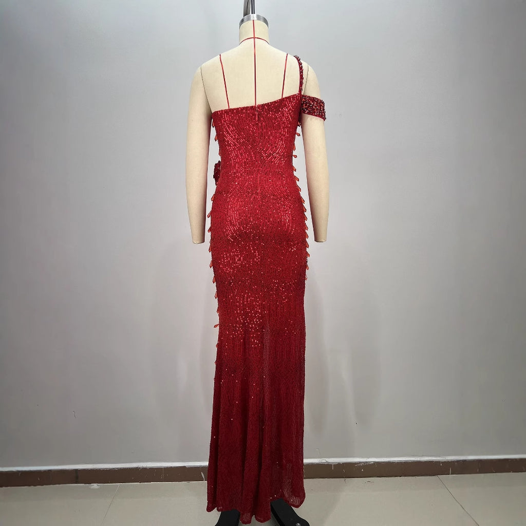 Luxury Ruby Sexy Cutout Shoulder High Slit Dress